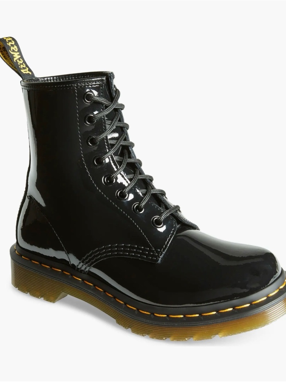 Dr. Martens Black Patent 8-Eye Lace-Up Boots with Yellow Stitching
